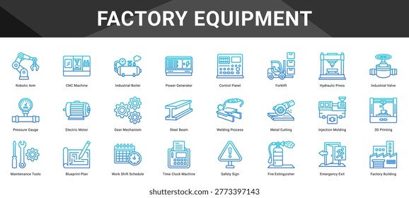 FACTORY EQUIPMENT  Icon set collection. Vector icon pack featuring thematic icons for your presentations or business.
