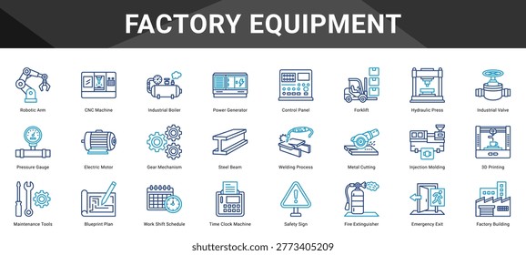 FACTORY EQUIPMENT  Icon set collection. Vector icon pack featuring thematic icons for your presentations or business.