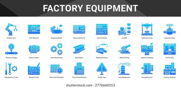 FACTORY EQUIPMENT  Icon set collection. Vector icon pack featuring thematic icons for your presentations or business.