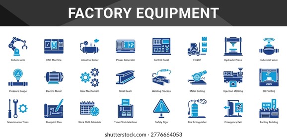 FACTORY EQUIPMENT  Icon set collection. Vector icon pack featuring thematic icons for your presentations or business.