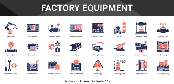 FACTORY EQUIPMENT  Icon set collection. Vector icon pack featuring thematic icons for your presentations or business.