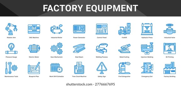 FACTORY EQUIPMENT  Icon set collection. Vector icon pack featuring thematic icons for your presentations or business.