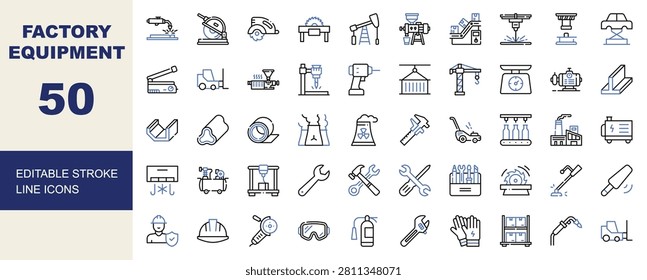 Factory equipment icon set. Editable line icons welding machine, conveyor belt, cnc router, oil pump, 3d printer vector illustration