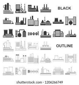 Factory and facilities black icons in set collection for design. Factory and equipment vector symbol stock web illustration.