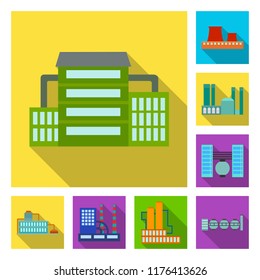 Factory and facilities flat icons in set collection for design. Factory and equipment vector symbol stock web illustration.