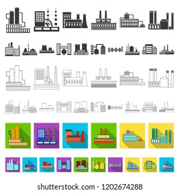 Factory and facilities flat icons in set collection for design. Factory and equipment vector symbol stock web illustration.