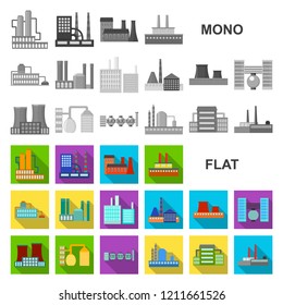 Factory and facilities flat icons in set collection for design. Factory and equipment vector symbol stock web illustration.