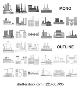 Factory and facilities monochrom icons in set collection for design. Factory and equipment vector symbol stock web illustration.