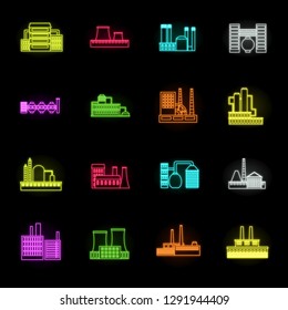 Factory and facilities neon icons in set collection for design. Factory and equipment vector symbol stock web illustration.