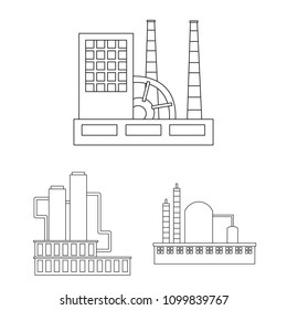 Factory and facilities outline icons in set collection for design. Factory and equipment vector symbol stock web illustration.