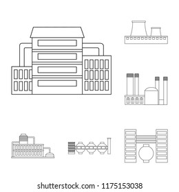 Factory and facilities outline icons in set collection for design. Factory and equipment vector symbol stock web illustration.