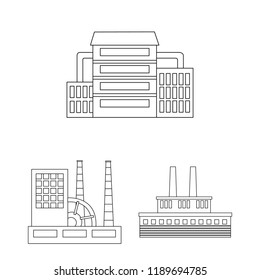 Factory and facilities outline icons in set collection for design. Factory and equipment vector symbol stock web illustration.