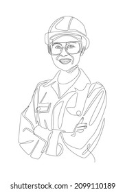 Factory female worker Engineering One line illustration Vector.