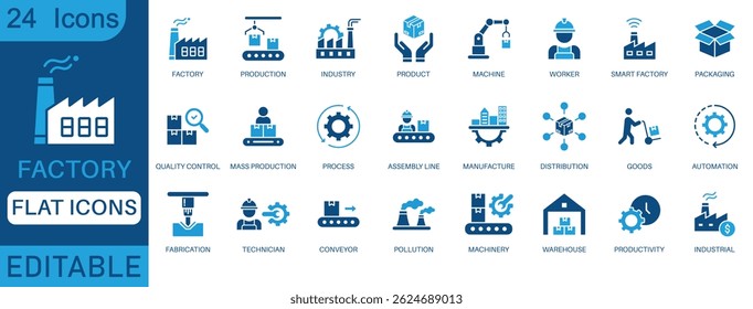 Factory flat icon set. Containing industry, production, machine, manufacture, warehouse, fabrication, goods and more. perfect icon collection.