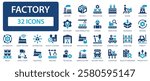 Factory flat icons collection. Production, manufacture, machine, industry, warehouse, smart factory, fabrication, quality control, automation, goods sign set.