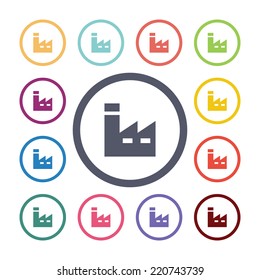 factory flat icons set. Open round colorful buttons. Vector 