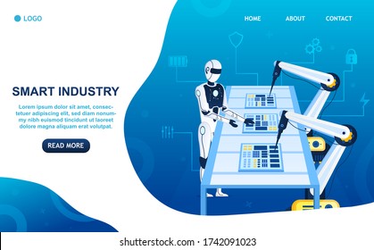 Factory future concept. The humanoid robot controls the production process Robotic Arms. Assembly of computer chips. Smart electronics. Futuristic Engineering. Factory automation, Industry 4.0. Vector