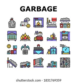 Fabrik Müll Sammlung Symbole Set Vektorgrafik. Industrieanlagen Recycling und Verbrennung Müll, LKW-Mülltransport und Deponiekonzept Lineare Piktogramme. Illustrationen zur Farbwiedergabe