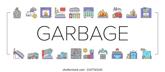 Factory Garbage Waste Collection Icons Set Vector. Industry Plant Recycling And Burning Trash, Truck Garbage Transportation And Landfill Concept Linear Pictograms. Color Contour Illustrations