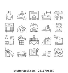 Factory Garbage Waste Collection Icons Set Vector. Industry Plant Recycling And Burning Trash, Truck Garbage Transportation And Landfill Black Contour Illustrations