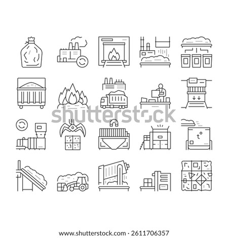Factory Garbage Waste Collection Icons Set Vector. Industry Plant Recycling And Burning Trash, Truck Garbage Transportation And Landfill Black Contour Illustrations