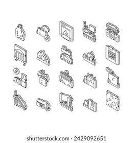 Factory Garbage Waste Collection isometric icons set. Industry Plant Recycling And Burning Trash, Truck Garbage Transportation And Landfill Concept Linear Pictograms. Color Contour .