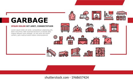 Factory Garbage Waste Landing Web Page Header Banner Template Vector. Industry Plant Recycling And Burning Trash, Truck Garbage Transportation And Landfill Illustration