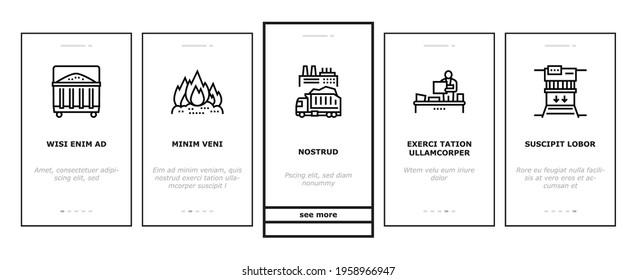 Factory Garbage Waste Onboarding Mobile App Page Screen Vector. Industry Plant Recycling And Burning Trash, Truck Garbage Transportation And Landfill Illustrations