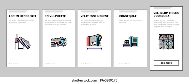 Factory Garbage Waste Onboarding Mobile App Page Screen Vector. Industry Plant Recycling And Burning Trash, Truck Garbage Transportation And Landfill Illustrations