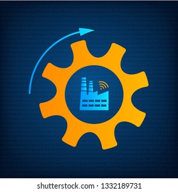 Factory and gear icon industry 4.0 concept vector illustration. Manufacturing revolution technology graphic with orange cogwheel, blue factory and wireless icon. Smart industry technology background