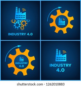 Factory and gear industry 4.0 concept set vector illustration. Manufacturing digital technology background design collection with blue factory icon, orange gear mechanism and sign INDUSTRY 4.0