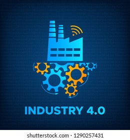 Factory and gears industry 4.0 concept vector illustration. Manufacturing digital technology design with blue factory icon, orange gears mechanism and sign INDUSTRY 4.0 on technology background