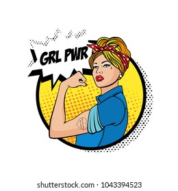 The Factory Girl with biceps, pop art comics retro style Halftone. Imitation of old illustrations. Happy Women's Day - 8 March. Woman We Can Do It.