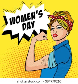 The Factory Girl with biceps, pop art comics retro style Halftone. Imitation of old illustrations. Happy Women's Day - 8 March. Woman We Can Do It.