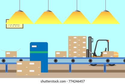 In the factory, the goods on the assembly line are carried away by forklifts and vector illustrations