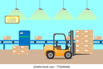 In the factory, the goods on the assembly line are carried away by forklifts and vector illustrations