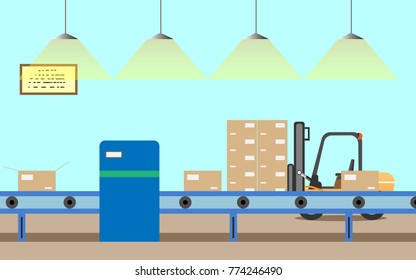 In the factory, the goods on the assembly line are carried away by forklifts and vector illustrations
