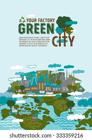 Factory in the green city poster concept - freehand drawing vector Illustration