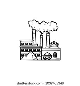Ícone de doodle desenhado à mão de fábrica. Conceito de poluição ecológica. Fábrica de fabricação com tubos de fumaça ilustração de esboço vetorial para impressão, web, móvel e infográfico isolado no fundo branco