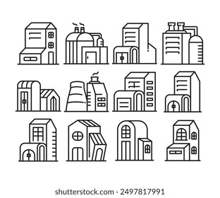 factory and house building icons set line illustration