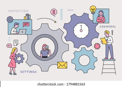 Factory with huge gears. Business people are working together. flat design style minimal vector illustration.