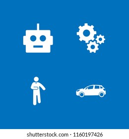 factory icon. 4 factory set with gear, automobile, worker and robot vector icons for web and mobile app