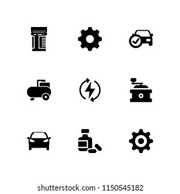 factory icon. 9 factory set with automobile, pharmaceutical, grinder and gear vector icons for web and mobile app