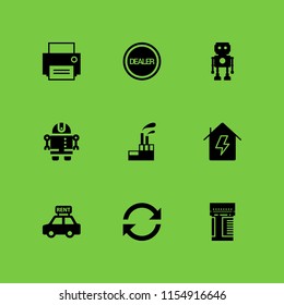 factory icon. 9 factory set with industrial building with contaminants, robot, load and power vector icons for web and mobile app