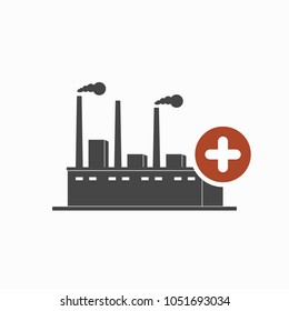 Factory icon with add sign. Factory icon and new, plus, positive symbol. Vector icon
