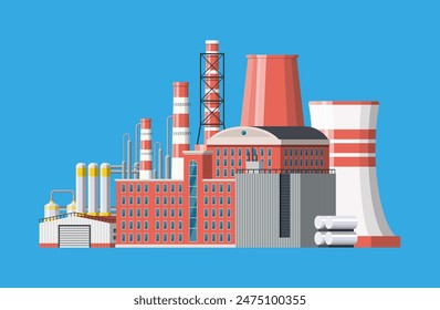 Factory icon building. Industrial factory, power plant. Pipes, buildings, warehouse, storage tank. Vector illustration in flat style