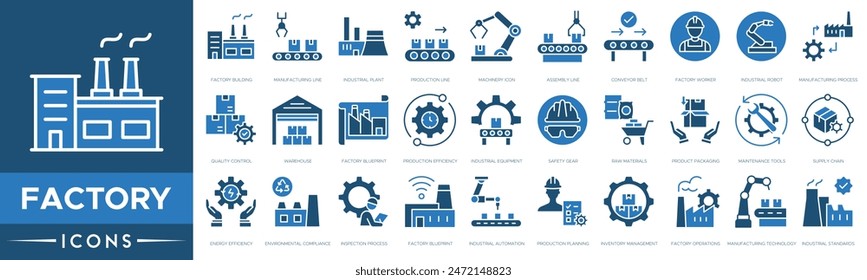 Factory icon. Factory Building, Manufacturing Line, Industrial Plant, Production Line, Machinery Icon, Assembly Line, Conveyor Belt, Factory Worker, Industrial Robot