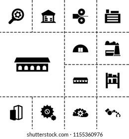 Factory icon. collection of 13 factory filled icons such as barn, cargo barn, building, paper press, gear. editable factory icons for web and mobile.