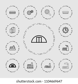 Factory icon. collection of 13 factory outline icons such as barn, gear, cargo barn, clock in gear. editable factory icons for web and mobile.