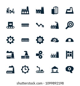 Factory icon. collection of 25 factory filled icons such as barn, forklift, cargo barn, clock in gear, building, gear, conveyor. editable factory icons for web and mobile.